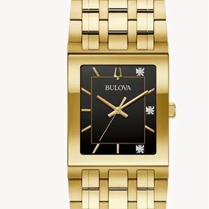 Bulova Gold Watch with Black Dial and Diamond Accents
